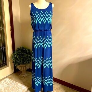 PIXLEY long blouson summer tank dress Chevron print blue aqua elastic waist Med